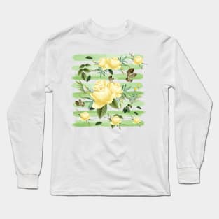 Peonies Pastel Watercolor Pattern Yellow Garden Nature Flowers Green Strips Long Sleeve T-Shirt